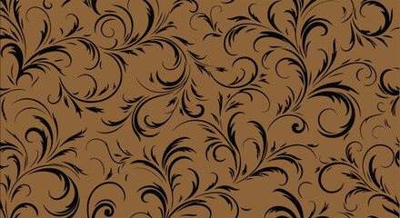 Elegant Vintage Floral Swirl Pattern: Seamless Brown and Black Botanical Background