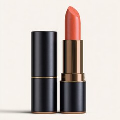 Obraz premium Elegant peach colored lipstick with black and gold casing on a light background