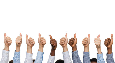 Diverse human hands with various skin tones, formal and casual sleeves, making thumbs-up gestures in a row on a transparent background with copy space. Concept of unity and approval