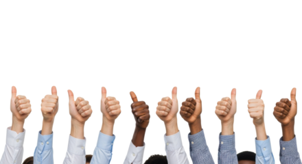 Diverse human hands with various skin tones, formal and casual sleeves, making thumbs-up gestures in a row on a transparent background with copy space. Concept of unity and approval