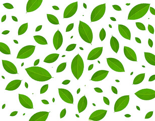 Scattered bright green leaf silhouettes on a dark background, creating a vibrant, organic, nature-inspired pattern