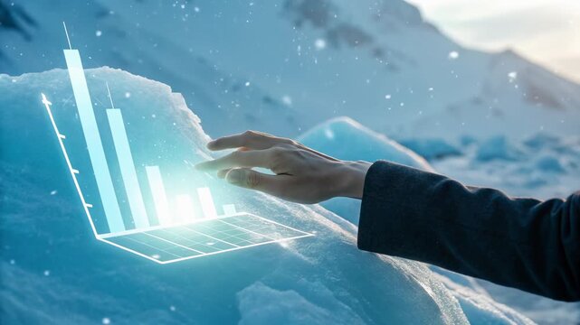 Futuristic holographic financial chart projected above icy glacier with hand interacting futuristic data chart holographic bar graph hand interaction