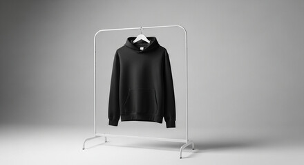 Blank Black Hoodie on Minimalist Clothing Rack Mockup for Design Presentation