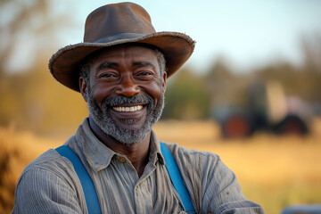 A smiling farmer in a hat standing in a field