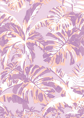 Abstract tropical foliage background in pastel green blue colors. Palm leaves in line art, grunge silhouette seamless pattern. Vector tropics illustration for swimwear design, wallpaper, textile
