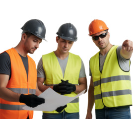 Team of Construction Workers Reviewing Plans on Isolated Transparent Background