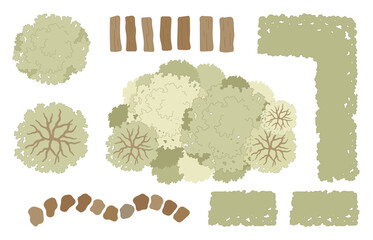 Tree for architectural floor plans. Entourage design. Various trees, bushes, and shrubs, top view for the landscape design plan. Vector illustration.