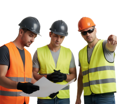 Team of Construction Workers Reviewing Plans on Isolated Transparent Background