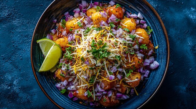 Indian chaat styled with Japanese flat lay symmetry