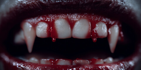 Close-up of vampire fangs with blood drops in a dark gothic style, perfect for Halloween and horror themes.
