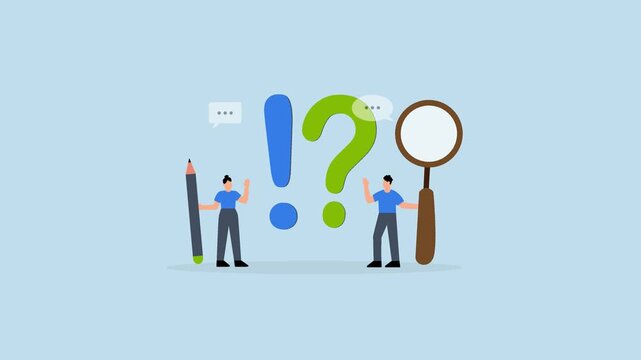 Question and answer, Businessman and woman with exclamation point, question mark in speech bubble dialogue