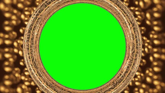 Gold circle frame green screen animation for lower third overlay transition effect template asset, green screen chroma key, editable green screen frame