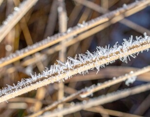 Frost crystals forming intricate patterns on dried grass blades in early winter morning light