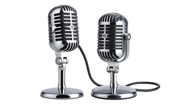Two silver vintage microphones stand close against a black background, connected by a short black wire