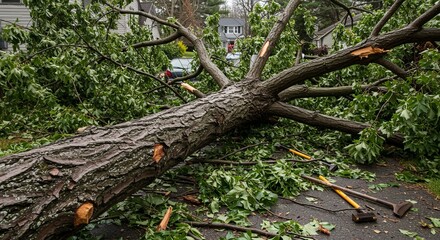 Fototapeta premium A large, fallen tree with green leaves and broken branches lies across a paved surface, with gardening tools nearby and houses in the background.