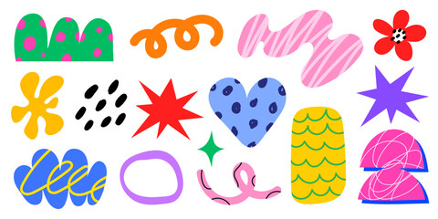 Set of abstract groovy organic shapes vector. A playful mix of retro flowers, clouds, sparkles, and wavy forms in vibrant funky style. Perfect for prints, stickers, and creative design