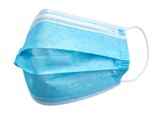 Light blue surgical mask with white ear loops, slightly crumpled, angled against a stark black background