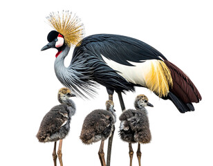 Crane bird perched above three fluffy chicks, intricate plumage, black background