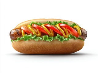 Classic hot dog with lete and ripe tomatoes a close up view of a delicious hot dog generously topped with crisp lete and vibrant red tomatoes