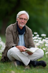 Obraz premium Elderly caucasian male reading outdoors in a spring garden