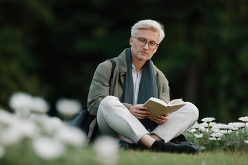 Caucasian mature male reading book in nature surrounded by white flowers