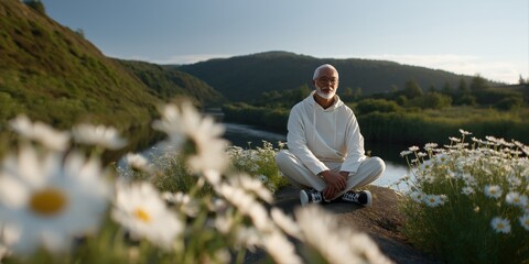 Elderly caucasian male meditating outdoors amid flowers by river at sunset