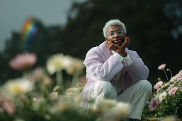 Obraz premium African male in lavender attire relaxing in flower field with rainbow