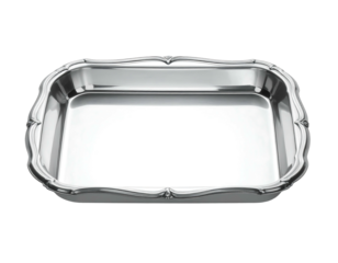 Shiny, reflective silver-toned rectangular tray with scalloped edge on a stark black backdrop