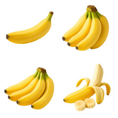 Fresh Bananas in Various Arrangements Isolated on White Background