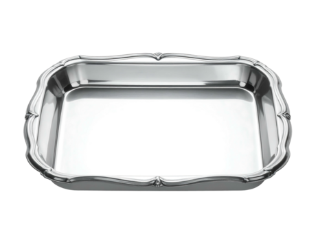 Shiny, reflective silver-toned rectangular tray with scalloped edge on a stark black backdrop