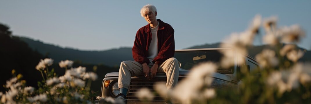 Fototapeta Young caucasian male sitting on vintage car in nature surrounded by flowers at sunset