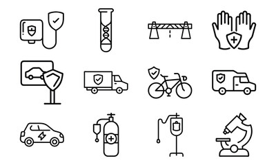 Medical and Vehicle Insurance Line Icons – Health, Auto, Life, and Safety Protection Outline Vector Icon Set for Insurance, Hospital, and Business Design