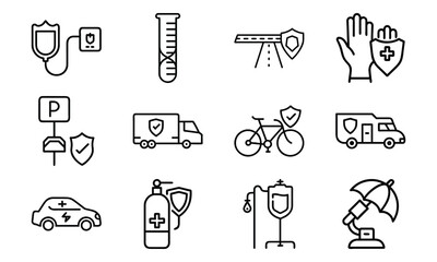 Medical and Vehicle Insurance Line Icons – Health, Auto, Life, and Safety Protection Outline Vector Icon Set for Insurance, Hospital, and Business Design