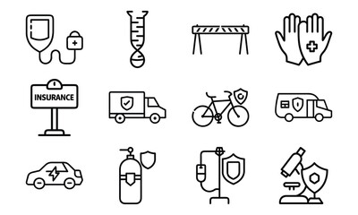 Medical and Vehicle Insurance Line Icons – Health, Auto, Life, and Safety Protection Outline Vector Icon Set for Insurance, Hospital, and Business Design