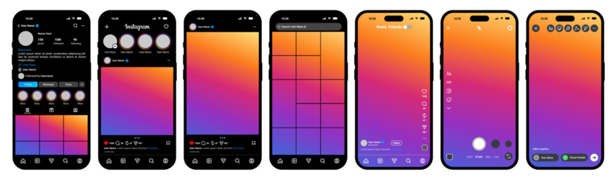 iPhone dark mode Instagram interface mockup, social media screen collection with profile feed, reels, story, and camera layout. gradient ui design vector mobile template