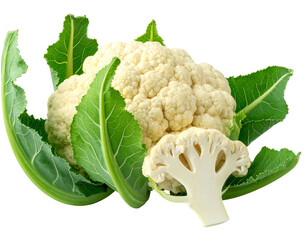 Creamy white cauliflower head with large, textured green leaves and a slice shown against a dark background