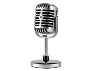 Shiny silver vintage microphone with curved bars stands on a simple round base, set on black