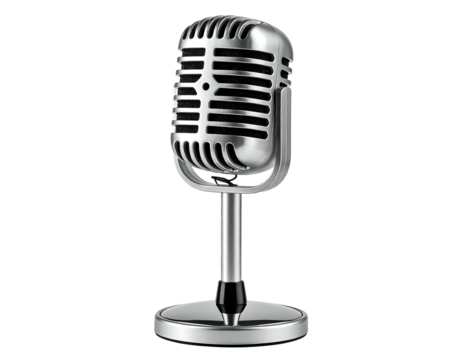 Shiny silver vintage microphone with curved bars stands on a simple round base, set on black