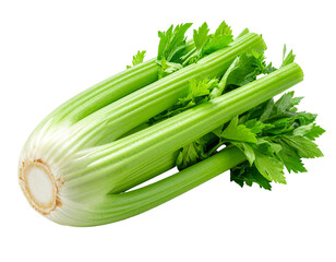 Crisp, green celery stalk bunch with leafy tops, diagonally oriented on a black backdrop, food photography close-up