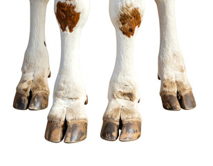 Cropped view lower legs and hooves, white with brown spots, standing on undefined surface, against black background