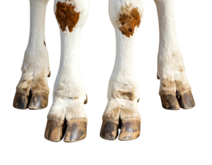 Cropped view lower legs and hooves, white with brown spots, standing on undefined surface, against black background