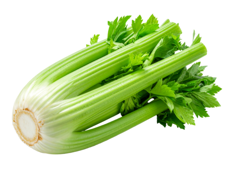 Crisp, green celery stalk bunch with leafy tops, diagonally oriented on a black backdrop, food photography close-up