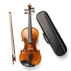 Fototapeta premium A top down view of a violin with a bow and a black case on a white background in a studio setting
