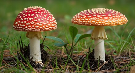 Two red and white spotted fly agaric mushrooms in grass