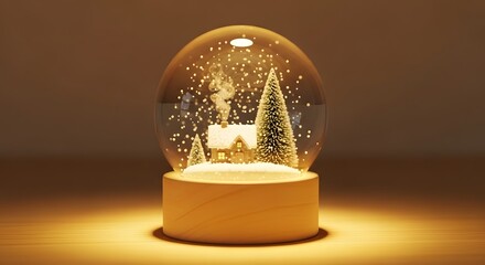 Enchanting snow globe with a cozy winter house, snow-covered trees, and warm illuminated falling snow on a wooden base.