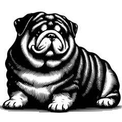 A black and white illustration of a seated English Bulldog with detailed linework and shading.