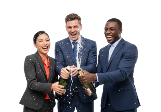 Business Team Celebrating with Champagne on White Background - Powered by Adobe