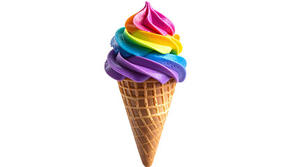 Colorful swirl soft-serve ice cream cone with rainbow colors against a black backdrop