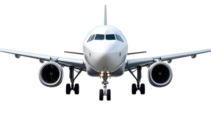 Front view of a modern white passenger jet, landing gear down, ready for travel, black background