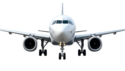 Front view of a modern white passenger jet, landing gear down, ready for travel, black background